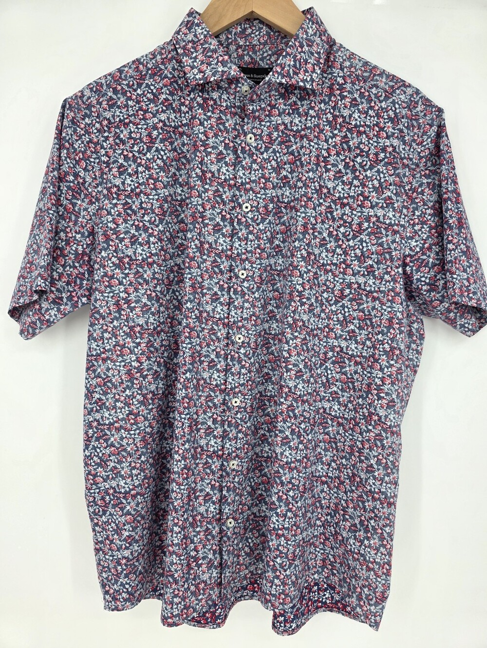 Bruun & Stengade Floral Button Up Shirt 17.5 44 Modern Fit Blue Red Cotton